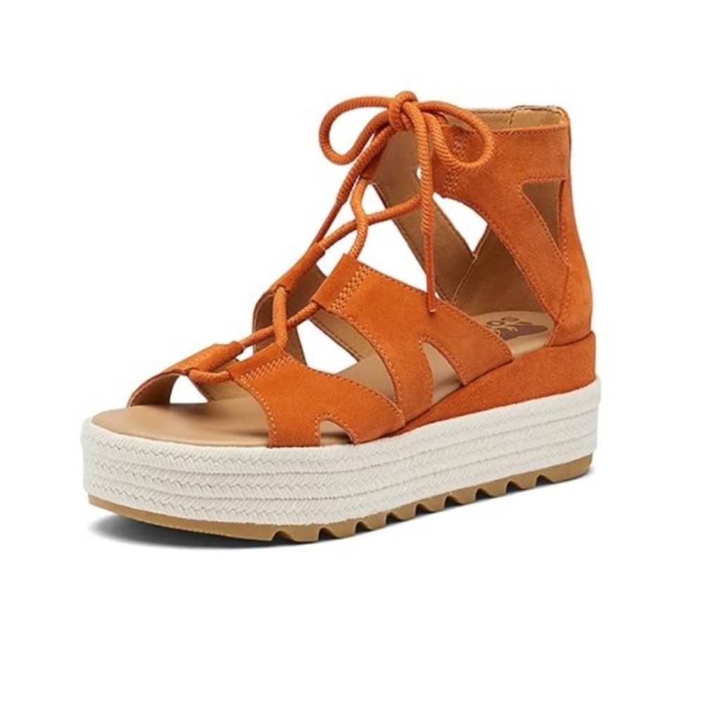 SOREL Sz 8.5 Cameron Platform Rust Orange Suede Lace up Sandals